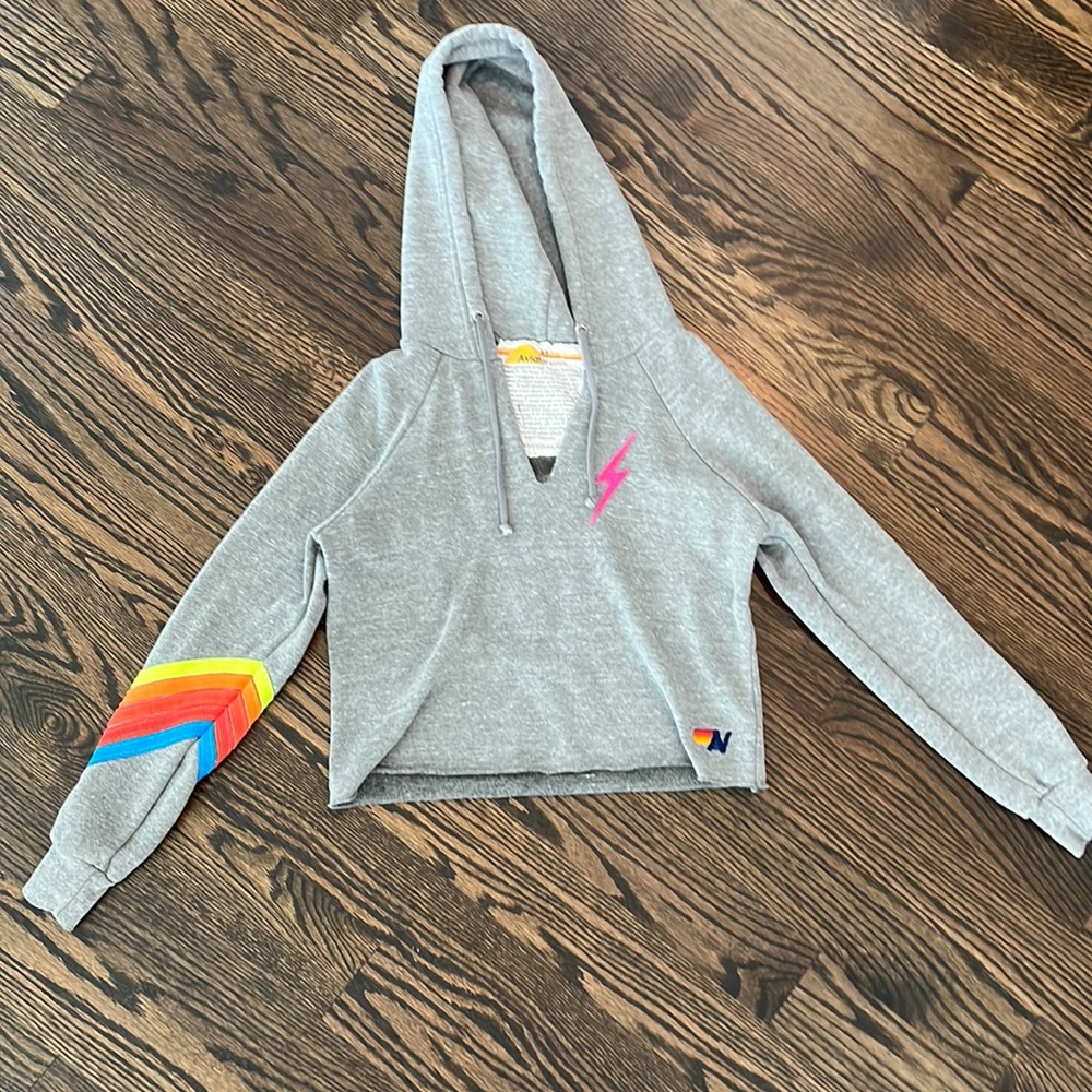 Aviator Nation pullover cropped hoodie XS Heather grey // neon